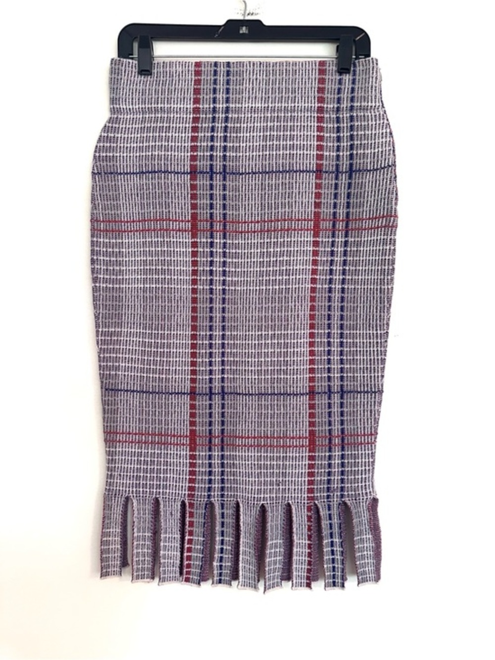 RHIÉ Merino Wool Fringe-Hem Plaid Pencil Skirt in Red Blue and Black Size Medium
